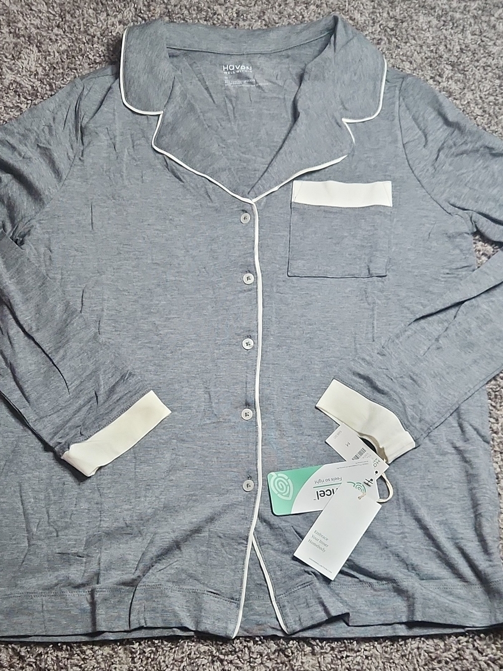 Haven Women’s Grey Long-Sleeve Button Pajama Top with White Trim